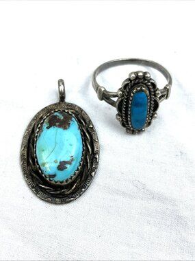 Vintage Navajo Old Pawn Pendant & Other Era Marked Sterling Rin